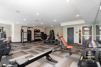 A gym with a variety of equipment including treadmills, weights, and exercise machines.